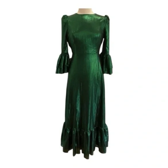 NWT Pomander Place Emerald Crinkle Lurex Midi Dress Size L Holiday Wedding Party - Picture 3 of 9